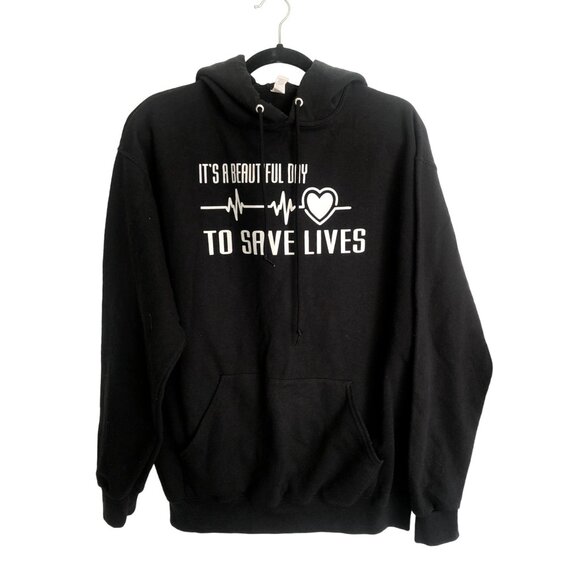 WOMENS BLACK FRONT GRAPHIC PULLOVER LONG SLEEVE HOODIE SWEATER SIZE LARGE - Picture 1 of 6